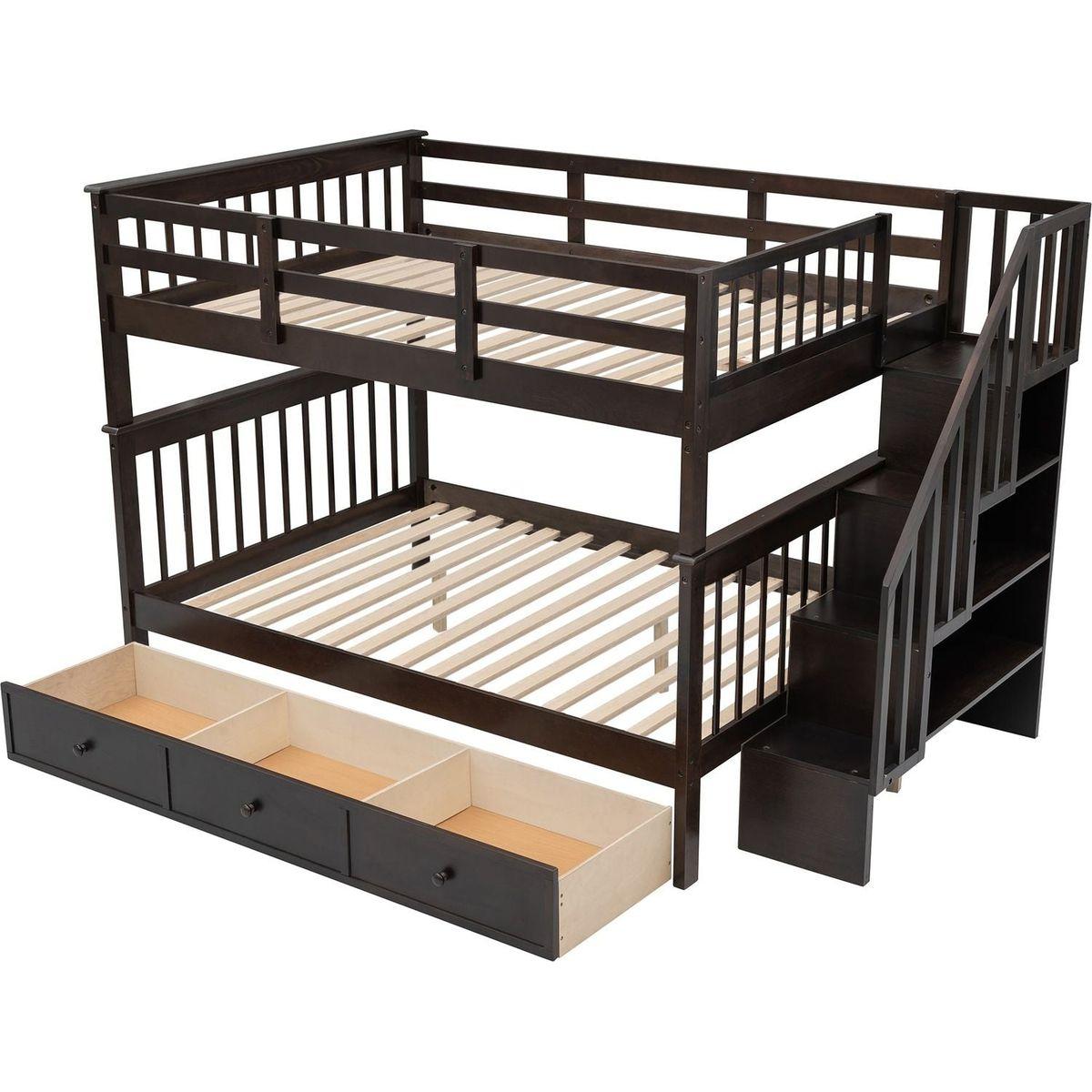 Stairway Full-Over-Full Bunk Bed with Drawer, Storage and Guard Rail for Bedroom, Espresso color