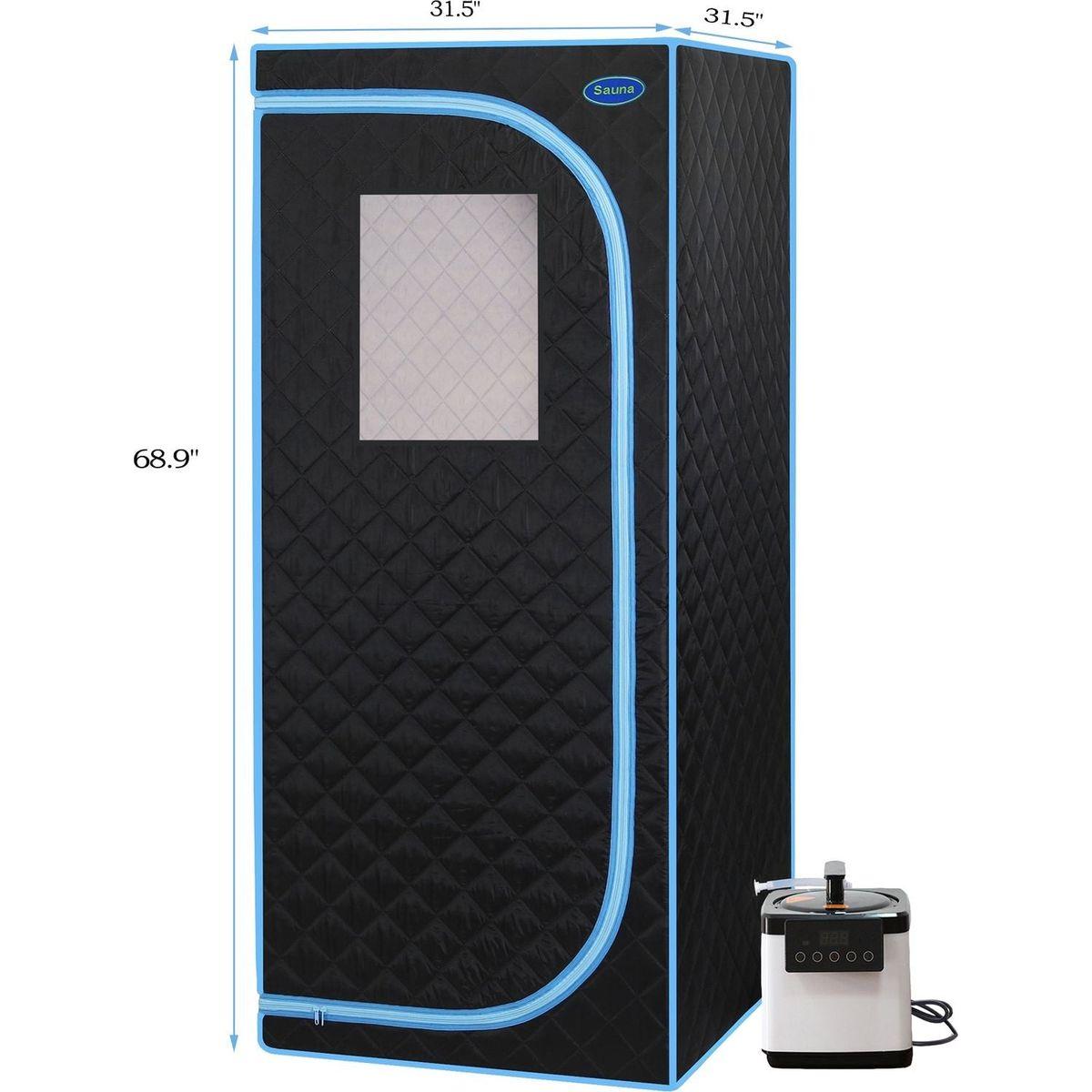 Portable Plus Type Full Size Steam Sauna tent. Spa, Detox, Therapy and Relaxation at home.Larger Space, Stainless Steel Pipes Connector Easy to Install, with FCC Certification--Black (Blue binding)