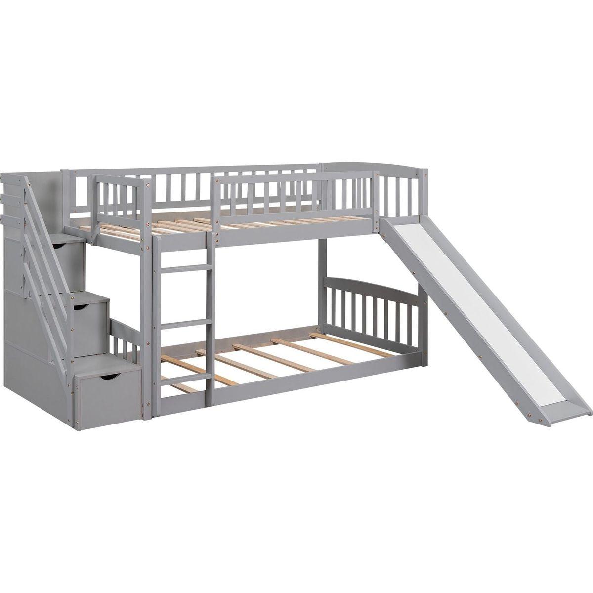 Stairway Twin over Twin Bunk Bed with Two Drawers and Slide, Gray