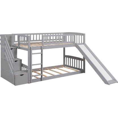 Stairway Twin over Twin Bunk Bed with Two Drawers and Slide, Gray