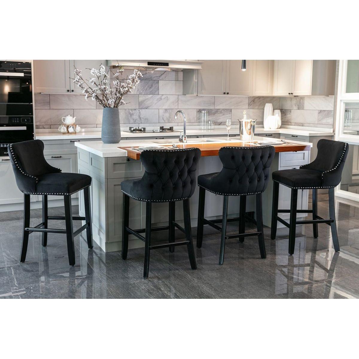 Contemporary Velvet Upholstered Wing-Back Barstools with Button Tufted Decoration and Wooden Legs, and Chrome Nailhead Trim, Leisure Style Bar Chairs, Bar stools, Set of 2 (Black)