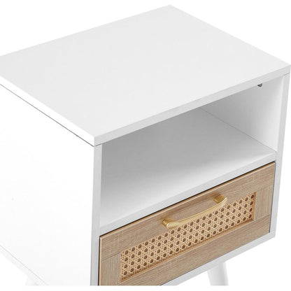 15.75" Rattan End table with drawer and solid wood legs, Modern nightstand, side table for living roon, bedroom, white