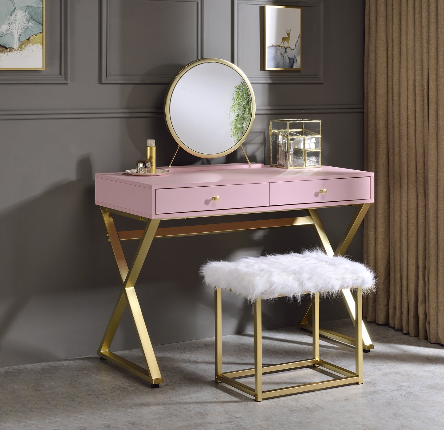 Adao Vanity Mirror & Stool, Faux Fur, Mirror, Pink & Gold Finish