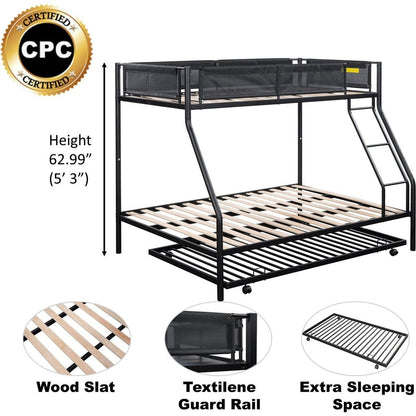 Twin over Full Metal Bunk Bed with Trundle (Wood Slat and Textilene Guardrail)