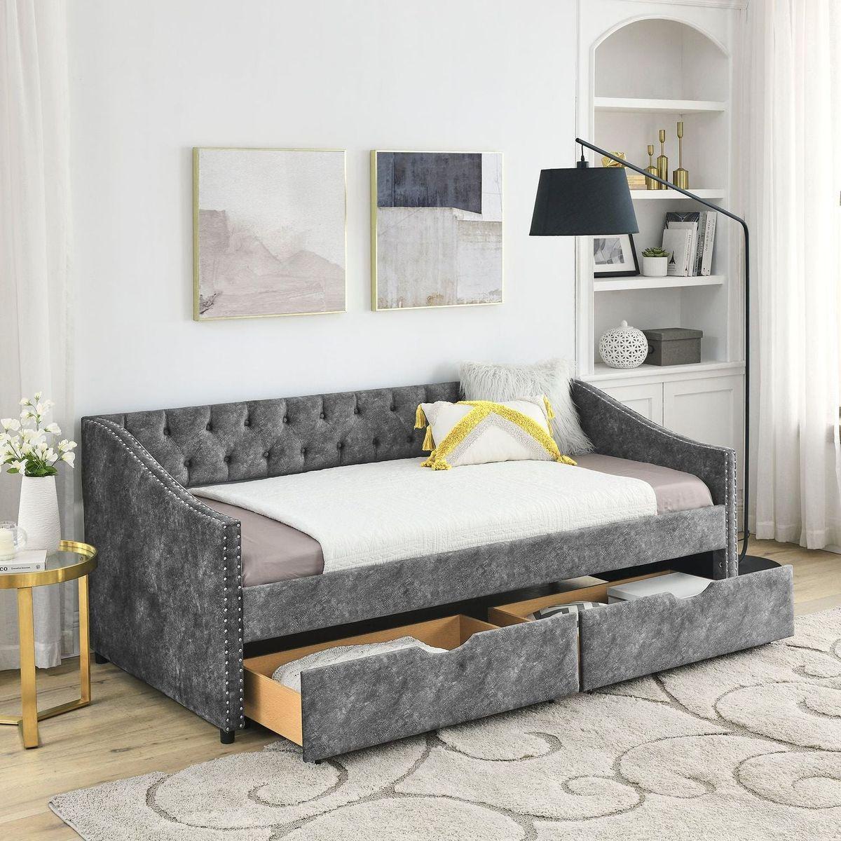 Twin Size Daybed with Drawers Upholstered Tufted Sofa Bed, with Button on Back and Copper Nail on Waved Shape Armsrey1.5"41"30.5"