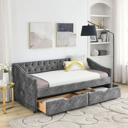 Twin Size Daybed with Drawers Upholstered Tufted Sofa Bed, with Button on Back and Copper Nail on Waved Shape Armsrey1.5"41"30.5"