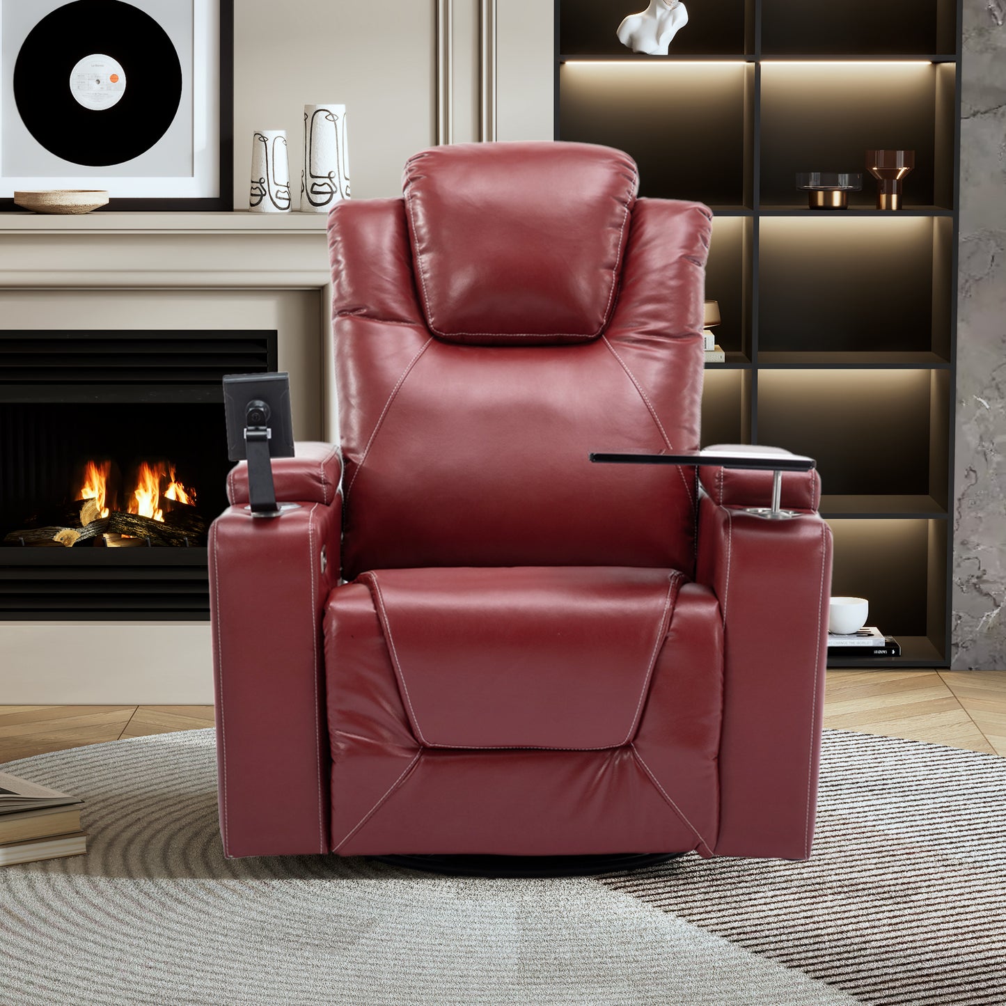 270 Degree Swivel PU Leather Power Recliner Individual Seat Home Theater Recliner with Surround Sound, Cup Holder, Removable Tray Table, Hidden Arm Storage for Living Room, Red