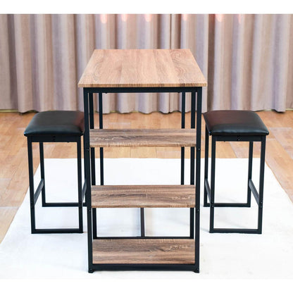 Modern 3-Piece Bar tabies and chairs Set with 2 Chairs for Dining Room, Black Frame+Brown oak board surface+Black cushion