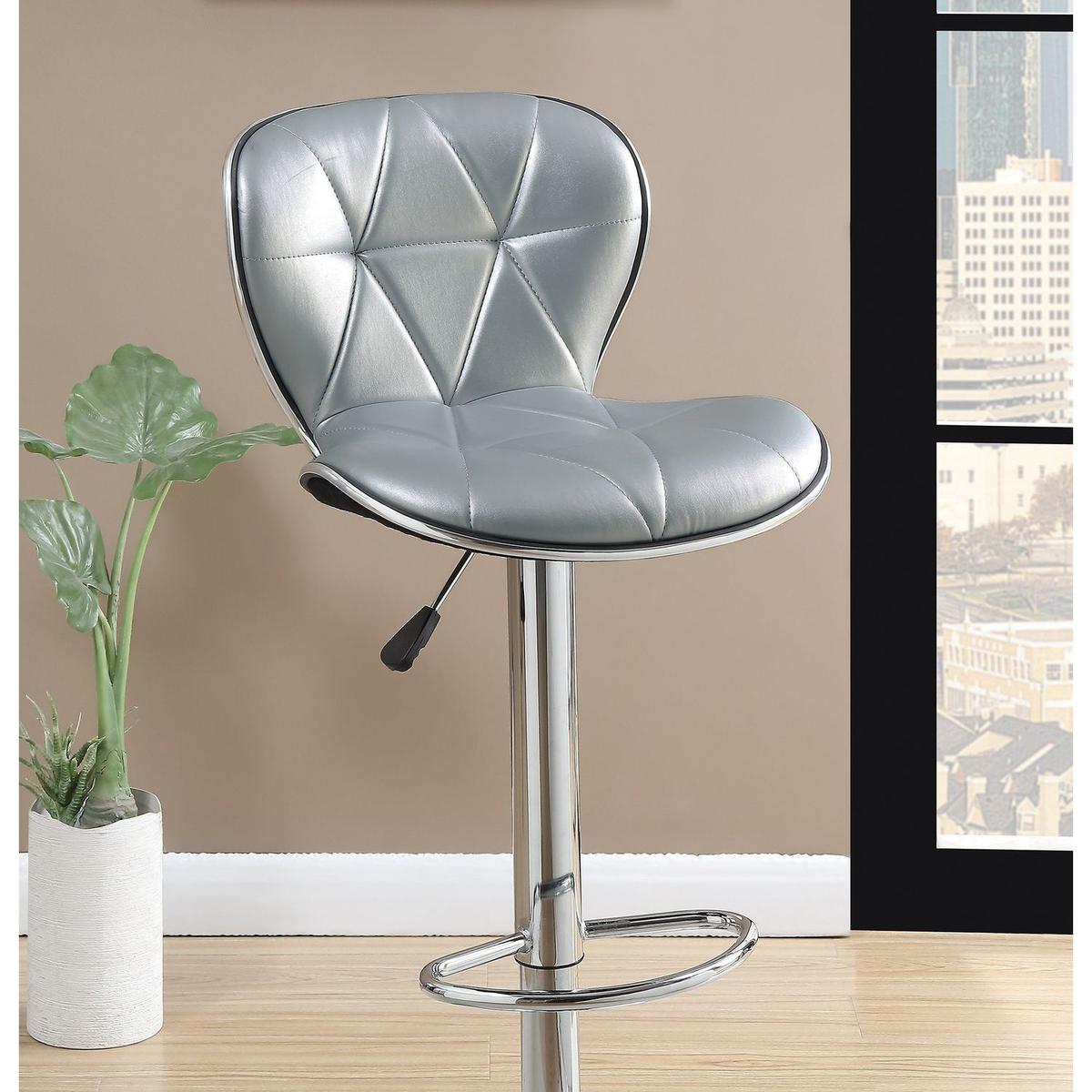 Silver / Grey Faux Leather PVC Stool Counter Height Chairs Set of 2 Adjustable Height Kitchen Island Stools Chrome Base.