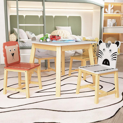 5 Piece Kiddy Table and Chair Set, Kids Wood Table with 4 Chairs Set Cartoon Animals (bigger table) (3-8 years old)