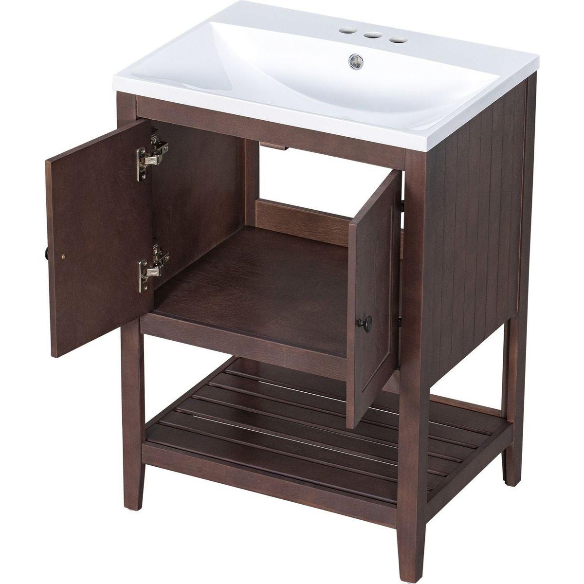 24" Brown Modern Sleek Bathroom Vanity Elegant Ceramic Sink with Solid Wood Frame Open Style Shelf