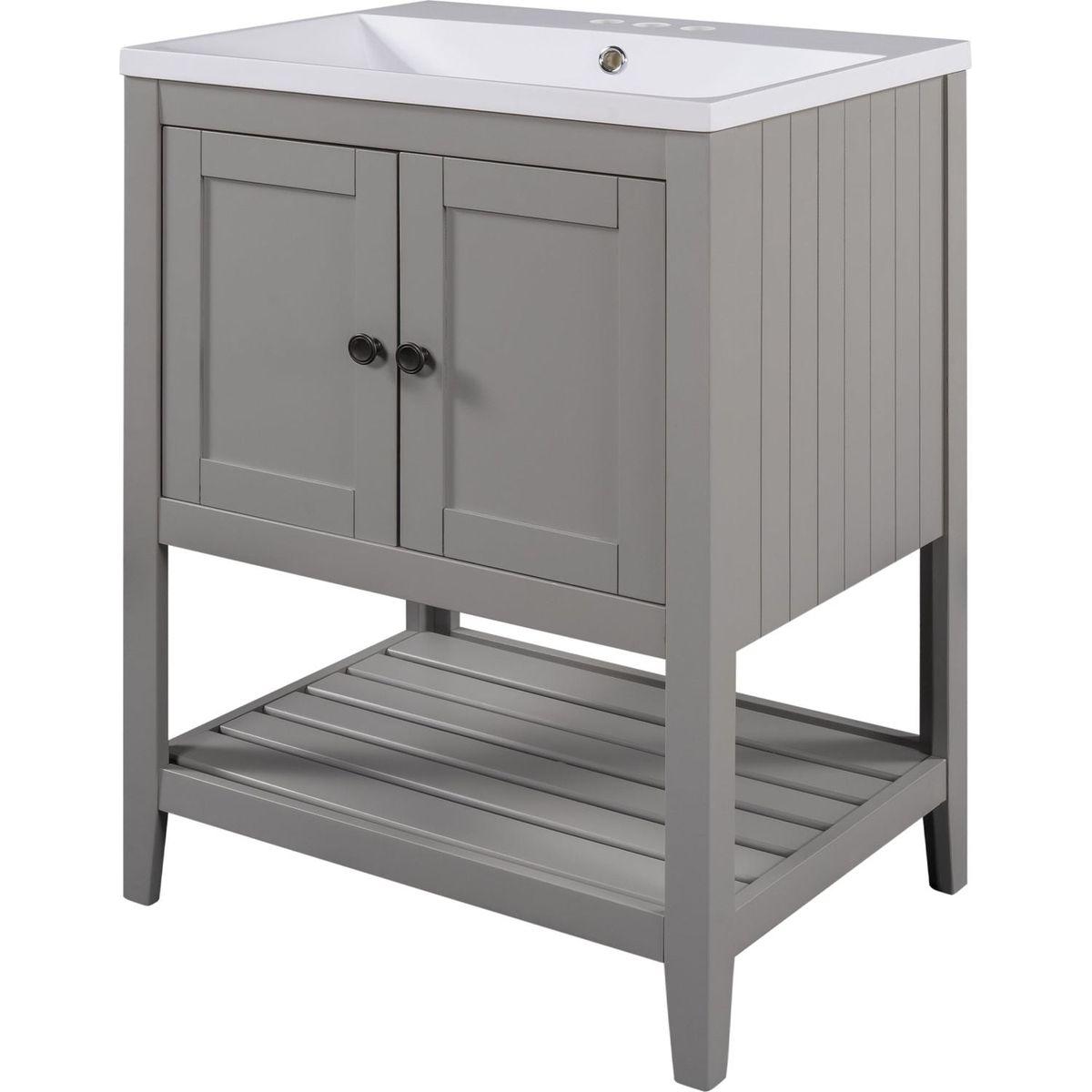 24" Grey Modern Sleek Bathroom Vanity Elegant Ceramic Sink with Solid Wood Frame Open Style Shelf