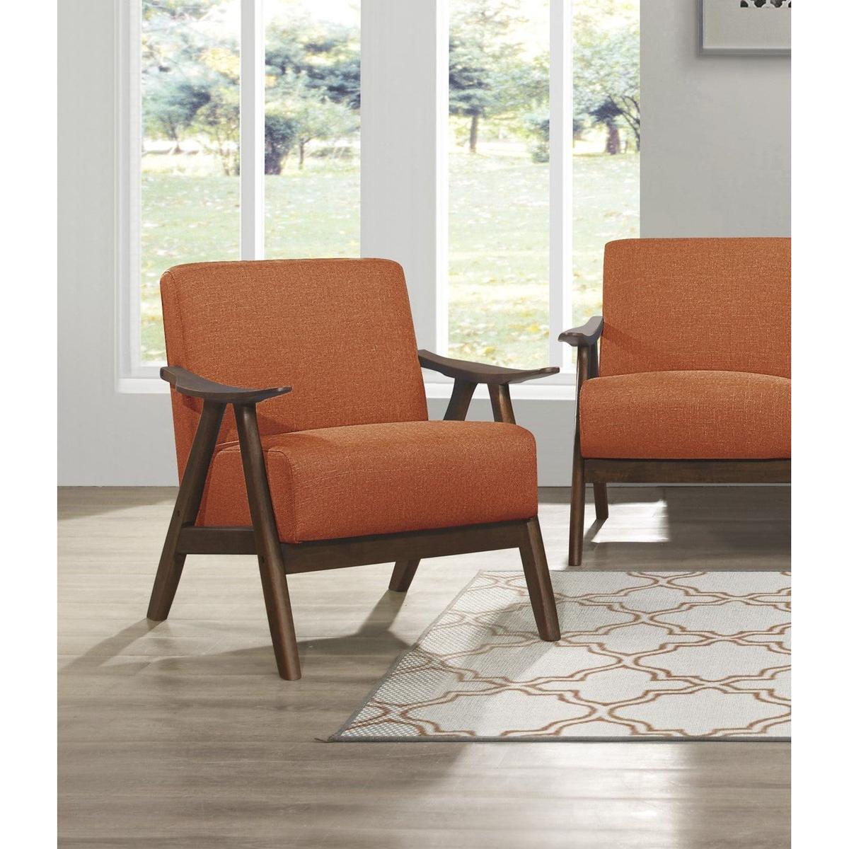 Modern Home Furniture Orange Color Fabric Upholstered 1pc Accent Chair Cushion Back and Seat Walnut Finish Solid Rubber Wood Furniture