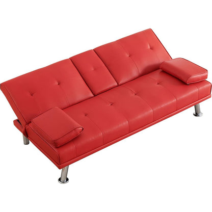 67" Red Leather Multifunctional Double Folding Sofa Bed for Office with Coffee Table