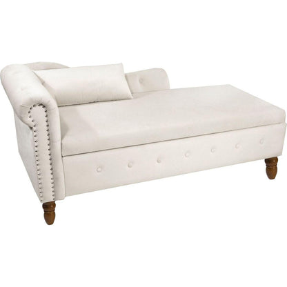 Beige Chaise Lounge Indoor, Velvet Lounge Chair for Bedroom with Storage & Pillow, Modern Upholstered Rolled Arm Chase Lounge for Sleeping with Nailhead Trim for Living Room Bedroom Office