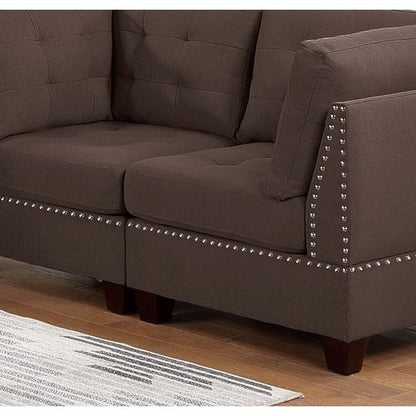 Contemporary Modular Sectional 8pc Set Living Room Furniture Corner L-Sectional Black Coffee Linen Like Fabric Tufted Nail heads 3x Corner Wedge 3x Armless Chair and 2x Ottoman