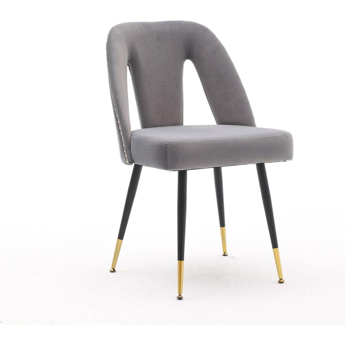 Akoya Collection Modern Contemporary Velvet Upholstered Dining Chair with Nailheads and Gold Tipped Black Metal Legs, Gray, Set of 2