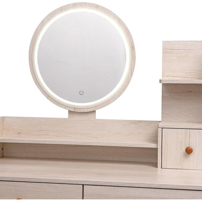 Stylish Vanity Table + Cushioned Stool, Touch Control LED Mirror, Large Capacity Storage Cabinet, 5 Drawers, Fashionable Makeup Furniture, Length Adjustable(L31.5"-43.2"x W15.8" x H48.1")