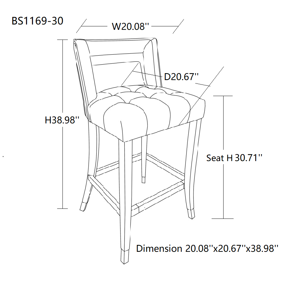 Suede Velvet Barstool with nailheads Dining Room Chair2 pcs Set - 30 inch Seater height