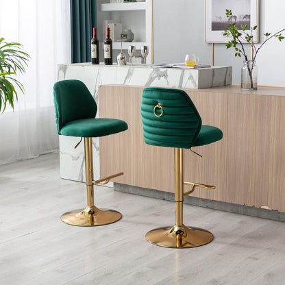 Swivel Bar Stools Chair Set of 2 Modern Adjustable Counter Height Bar Stools, Velvet Upholstered Stool with Tufted High Back & Ring Pull for Kitchen, Chrome Golden Base, Green