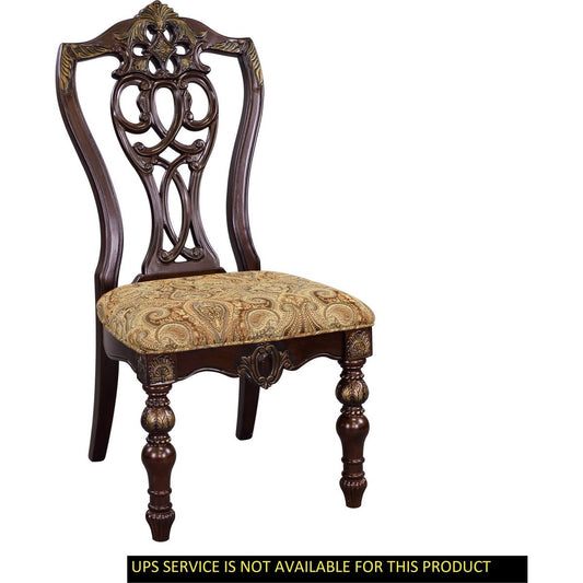 Formal Traditional Dining Chairs 2pc Set Dark Cherry Finish with Gold Tipping Jacquard Fabric Upholstered Extravagant Carving Dining Room Furniture