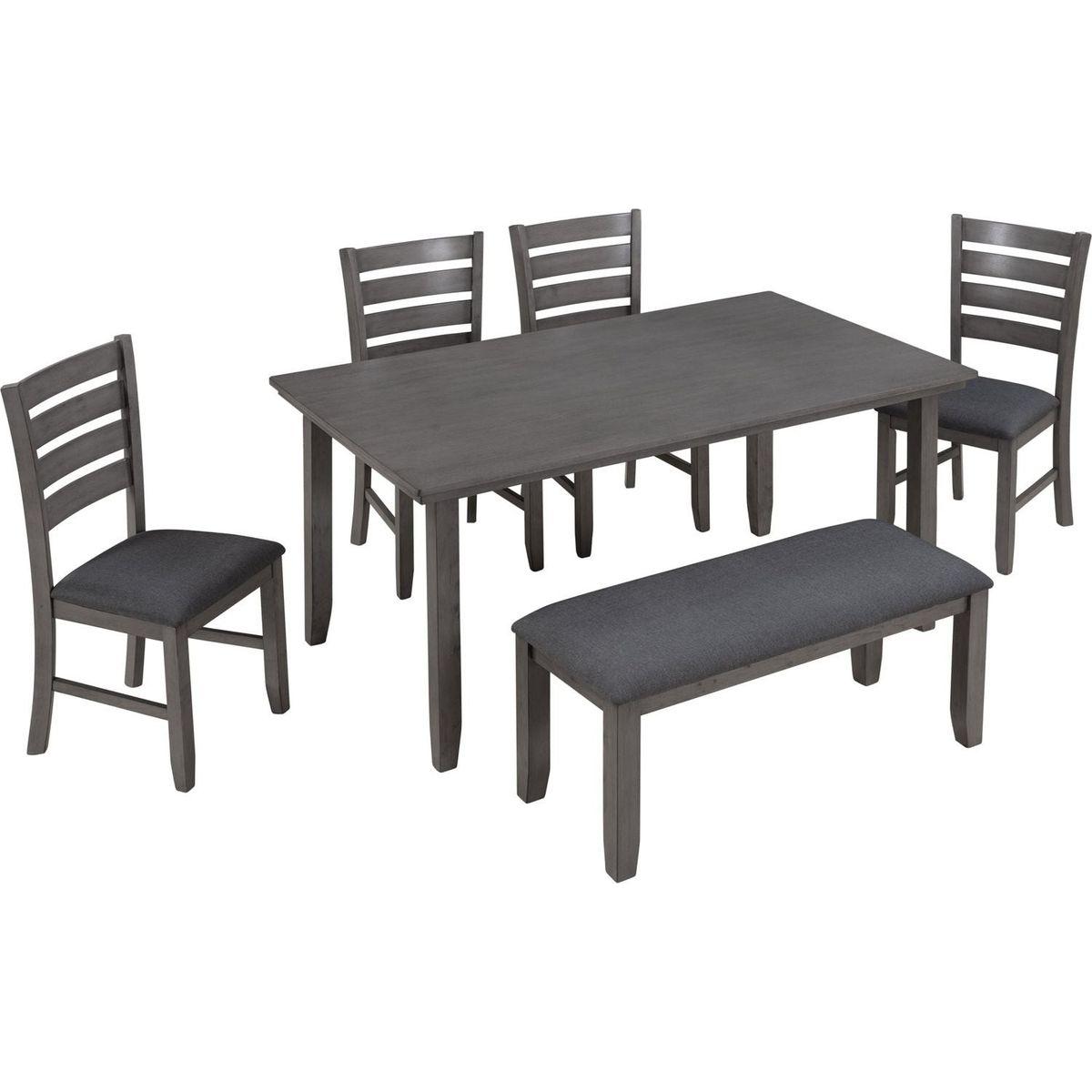 Dining Room Table and Chairs with Bench, Rustic Wood Dining Set, Set of 6 (Gray)