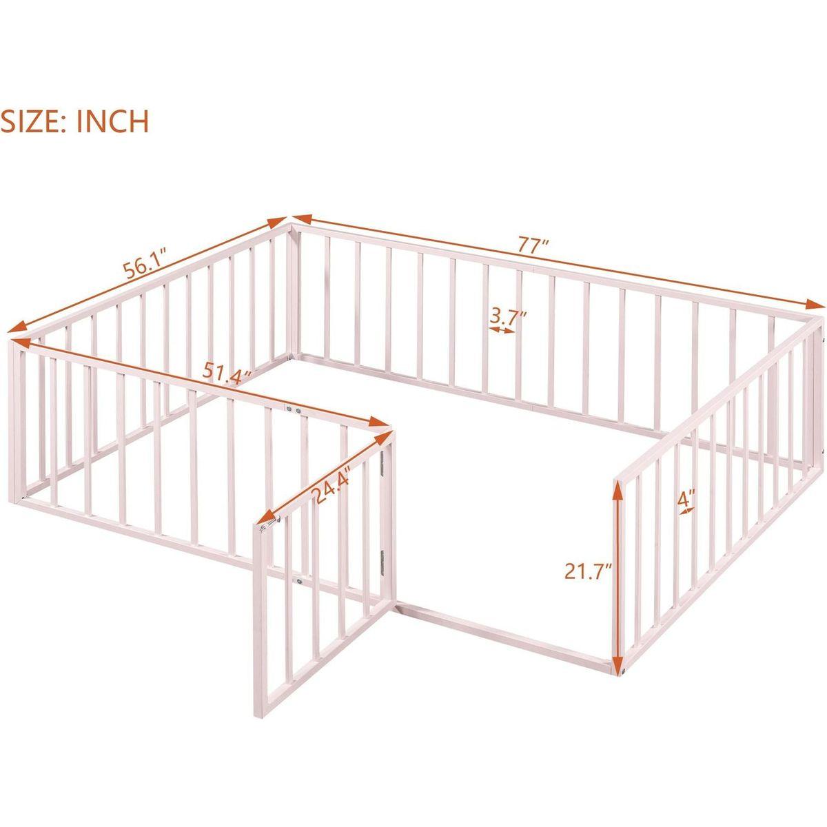 Full Size Metal Floor Bed Frame with Fence and Door, Pink