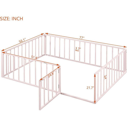 Full Size Metal Floor Bed Frame with Fence and Door, Pink