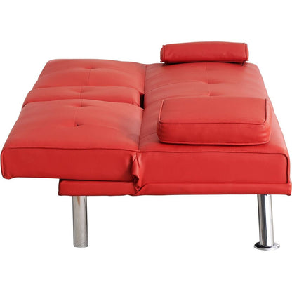 67" Red Leather Multifunctional Double Folding Sofa Bed for Office with Coffee Table