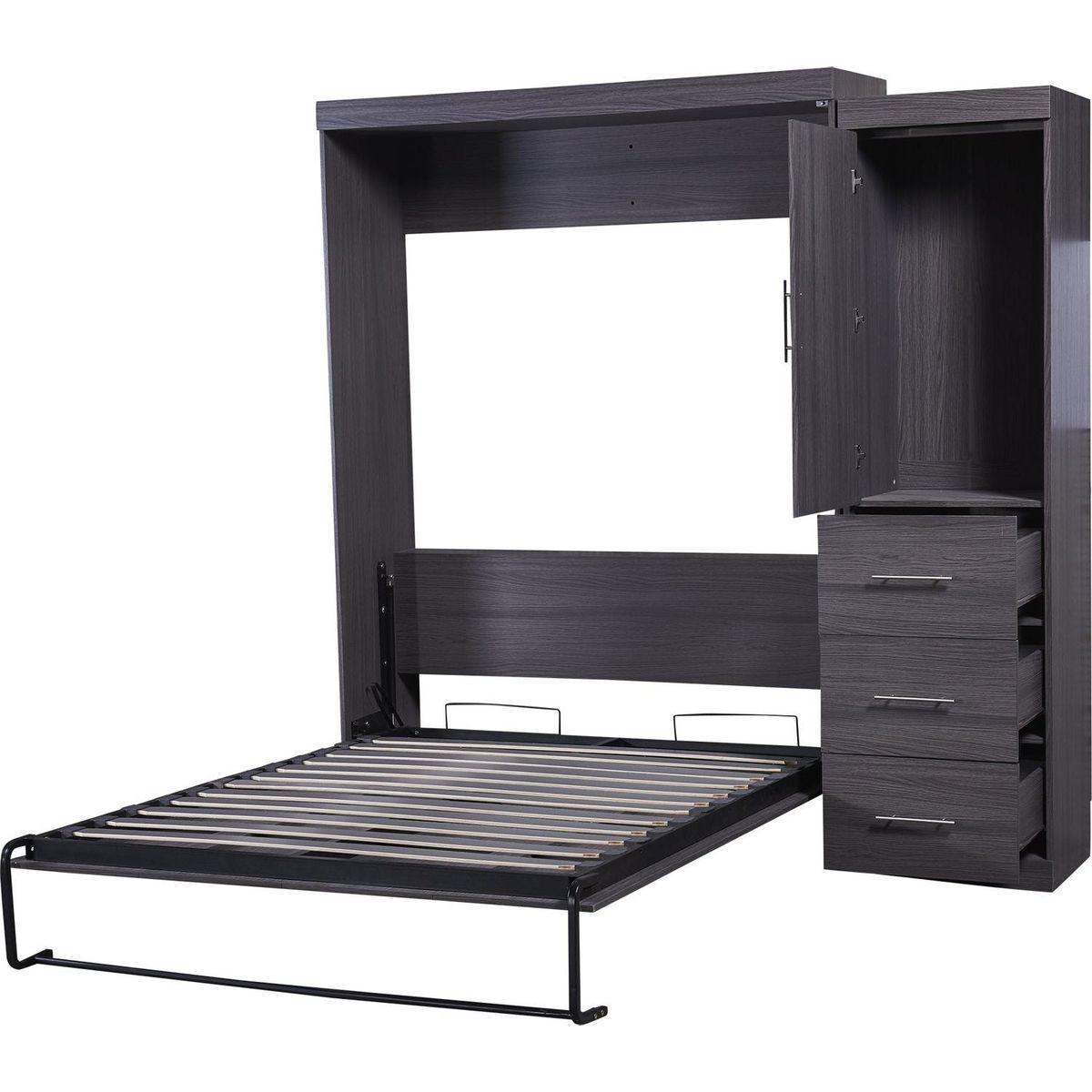 Full Size Murphy Bed with Wardrobe and Drawers, Storage Bed, can be Folded into a Cabinet, Gray