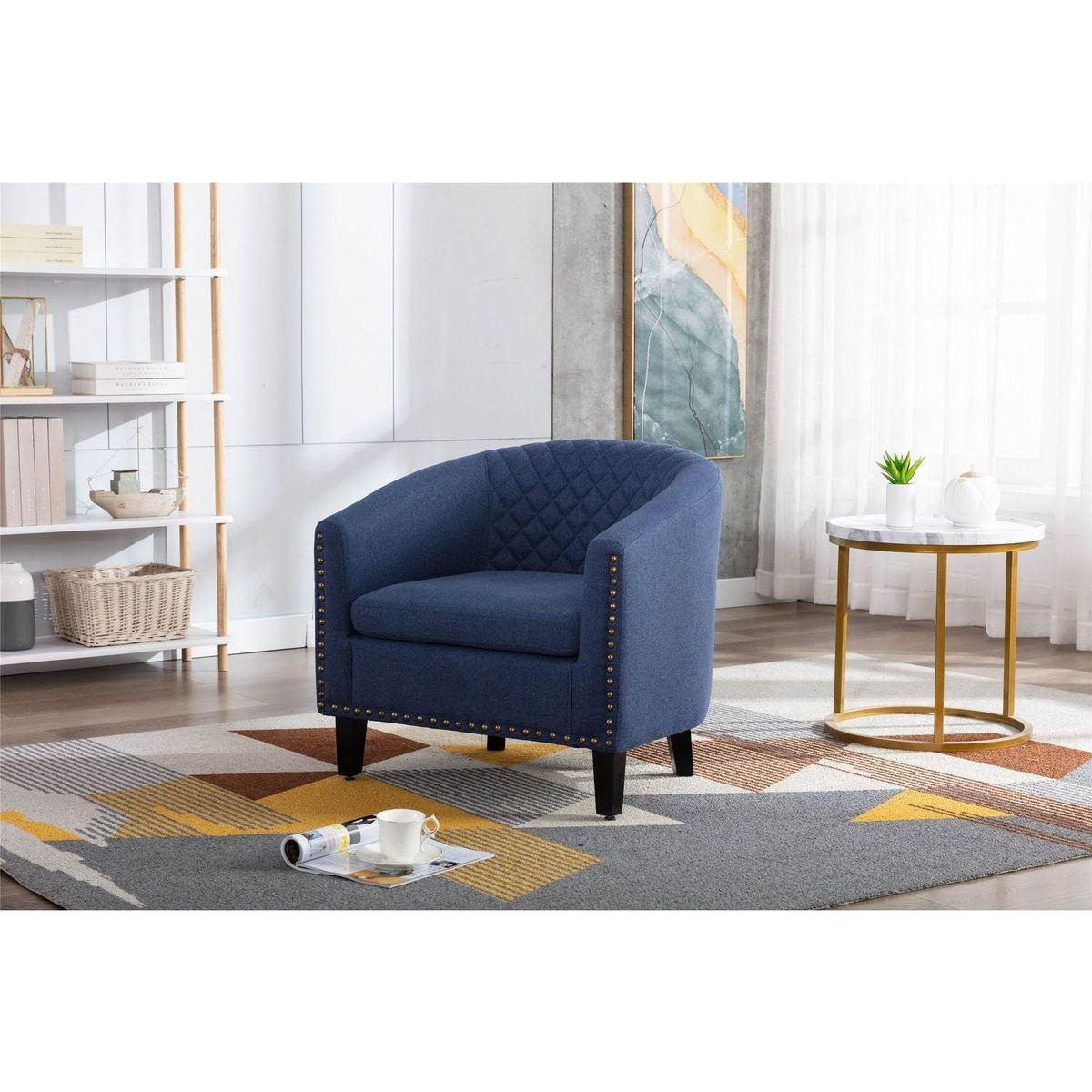 accent Barrel chair living room chair with nailheads and solid wood legs Black Navy Linen