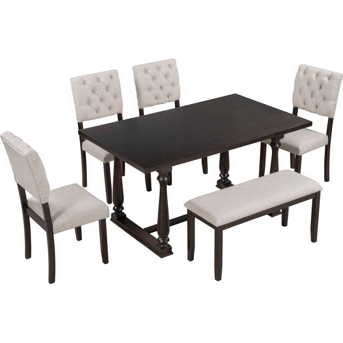 6-Piece Dining Table and Chair Set with Special-shaped Legs and Foam-covered Seat Backs&Cushions for Dining Room (Espresso)