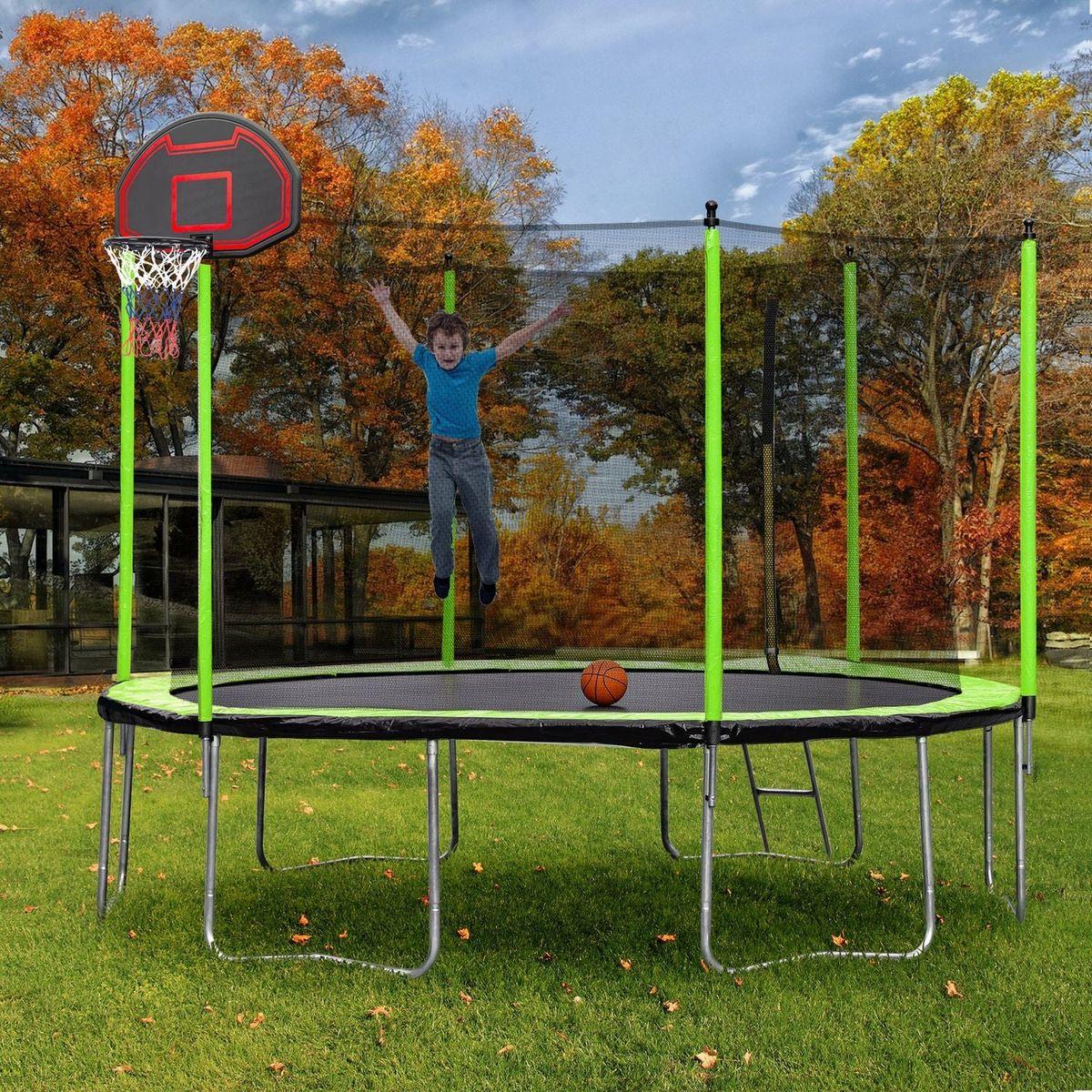 14FT Trampoline with Basketball Hoop Inflator and Ladder (Inner Safety Enclosure) Green - Streamdale Furniture