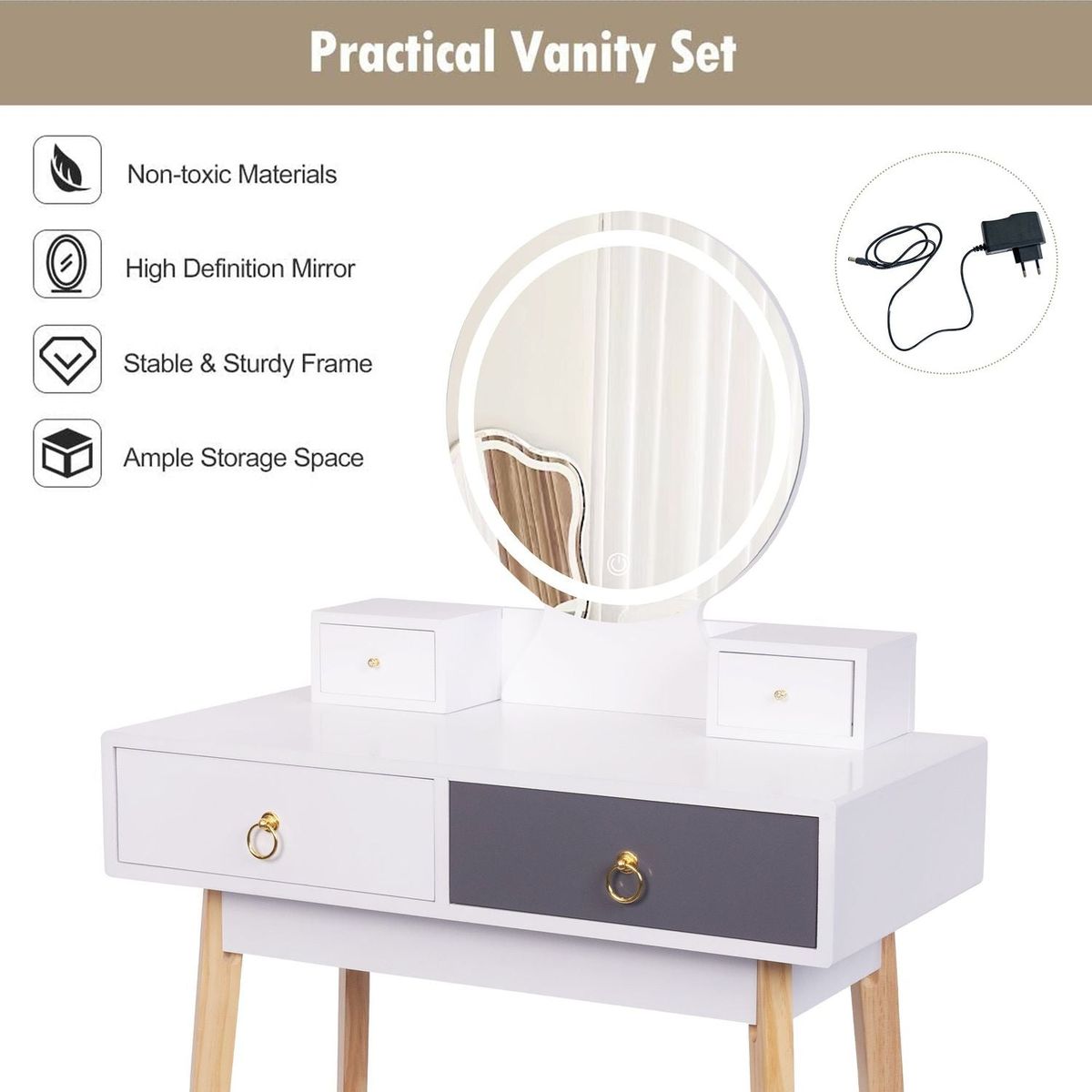 Makeup Vanity Set with 3-Color Dimmable Lighted Mirror and Stool