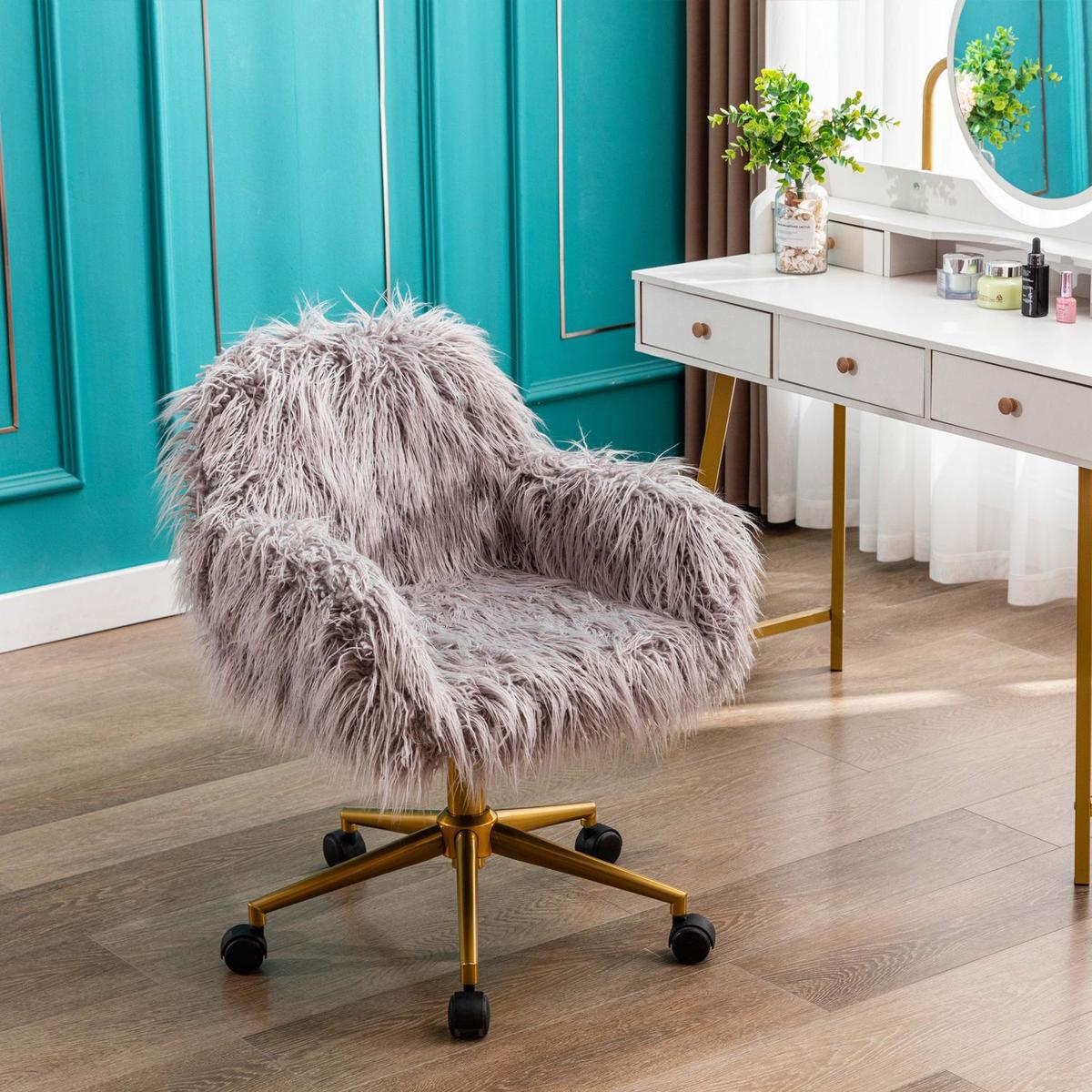 Modern Faux fur home office chair, fluffy chair for girls, makeup vanity Chair with Gold Plating Base