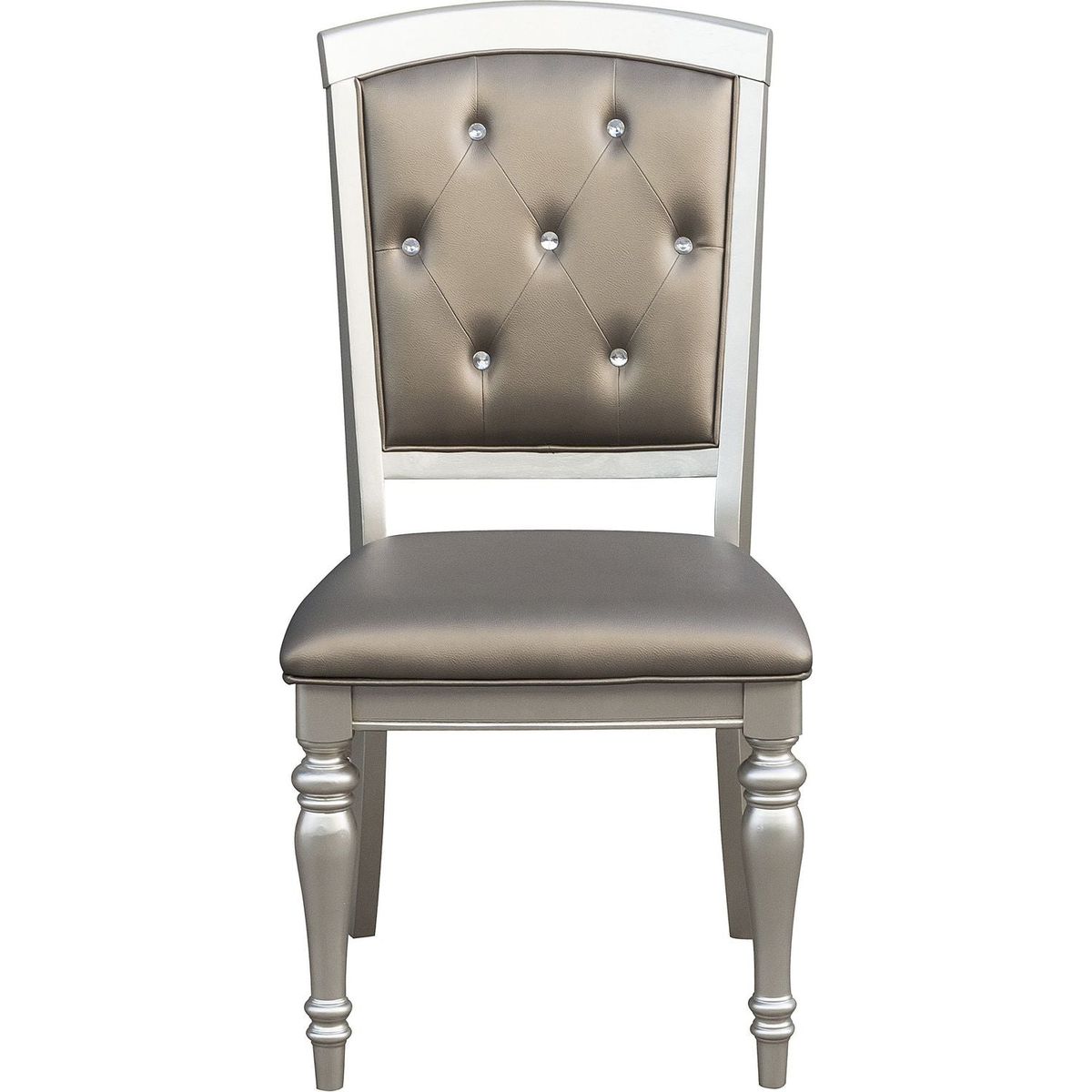 Glamorous 2pc Set Wooden Side Chairs Silver Finish Crystal Button Tufted Faux Leather Upholstered Dining Chairs