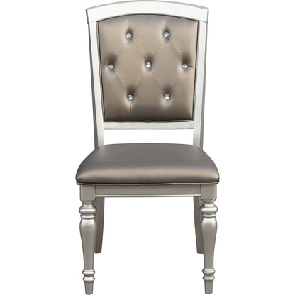 Glamorous 2pc Set Wooden Side Chairs Silver Finish Crystal Button Tufted Faux Leather Upholstered Dining Chairs