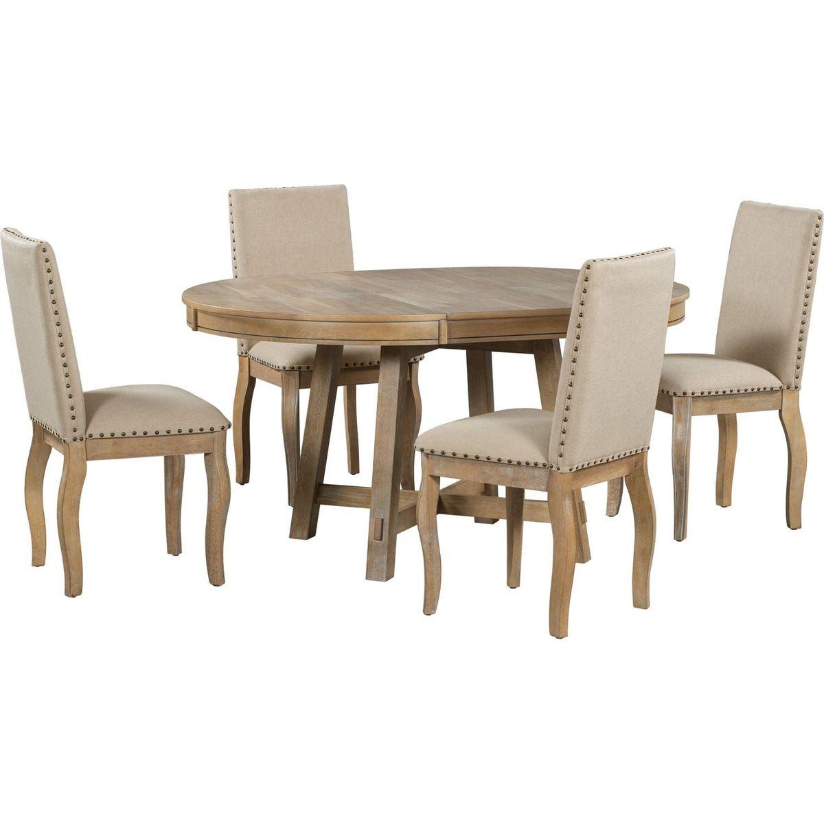 5-Piece Farmhouse Dining Table Set Wood Round Extendable Dining Table and 4 Upholstered Dining Chairs (Natural Wood Wash)