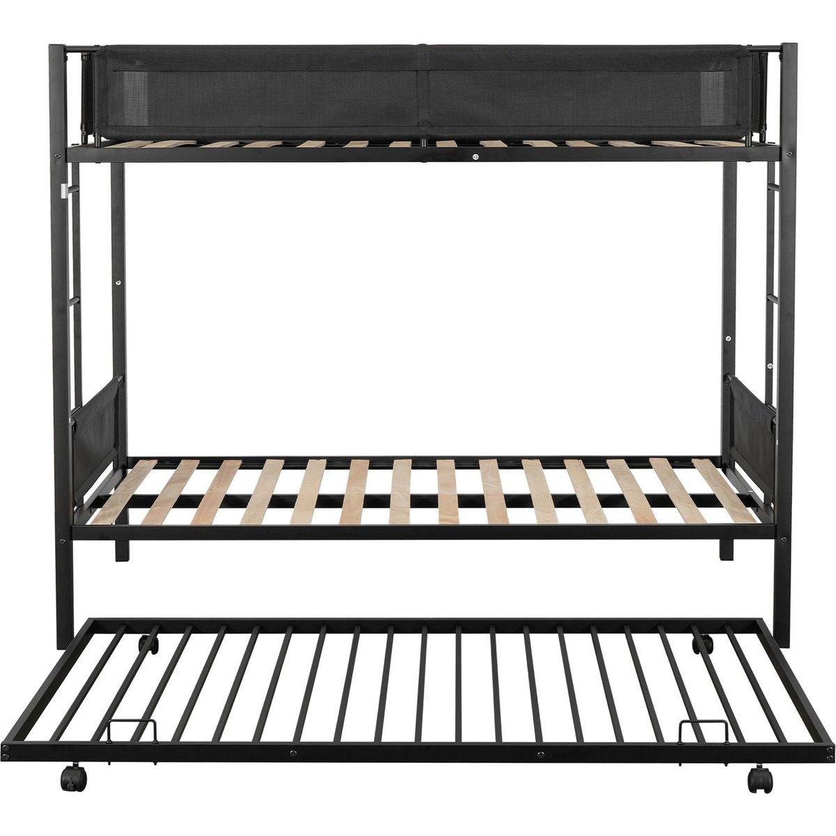 Twin over twin bunk bed with trundle (Wood Slat and Textilene Guardrail)