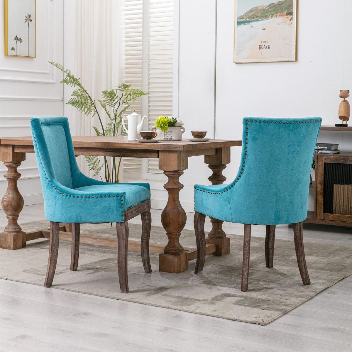 Ultra Side Dining Chair, Thickened fabric chairs with neutrally toned solid wood legs, Bronze nail head, Set of 2, Blue