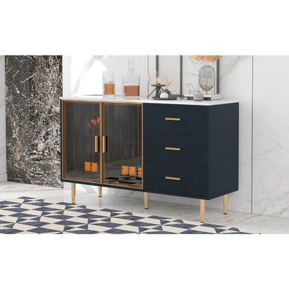 Modern Sideboard MDF Buffet Cabinet Marble Sticker Tabletop and Amber-yellow Tempered Glass Doors with Gold Metal Legs & Handles (Navy Blue)