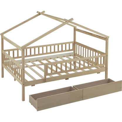 Full Size Wooden House Bed with Two Drawers, Natural