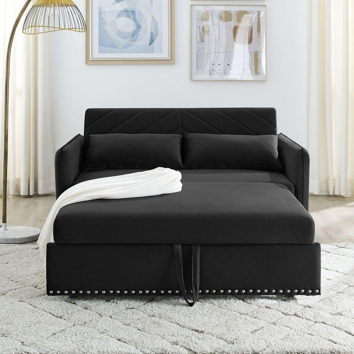 Pull-out sofa sleeper, 3-in-1 adjustable sleeper with pull-out bed, 2 lumbar pillows and side pocket, soft velvet convertible sleeper sofa bed, suitable for living room bedroom.