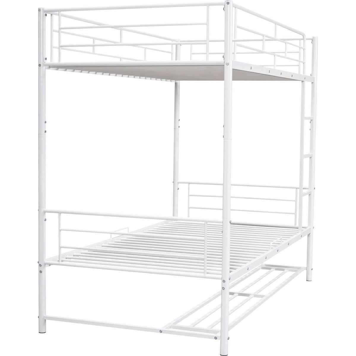 Twin Over Twin Metal Bunk Bed with Shelf and Guardrails, White