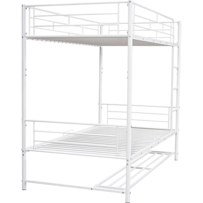 Twin Over Twin Metal Bunk Bed with Shelf and Guardrails, White