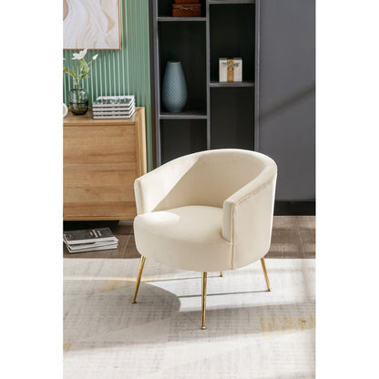 Velvet Armchair Accent Tub Barrel Chair With Gold Metal Legs, Beige