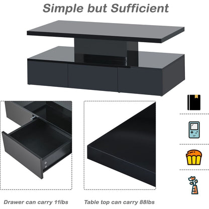 Modern Glossy Coffee Table With Drawer, 2-Tier Rectangle Center Table with Plug-in 16 colors LED lighting for Living room, 39.3" x19.6" x15.3"