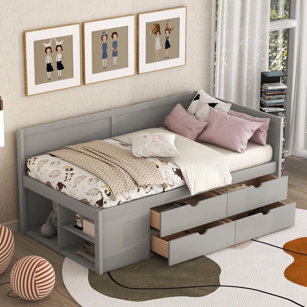 Twin Size Daybed with Drawers and Shelves, Gray