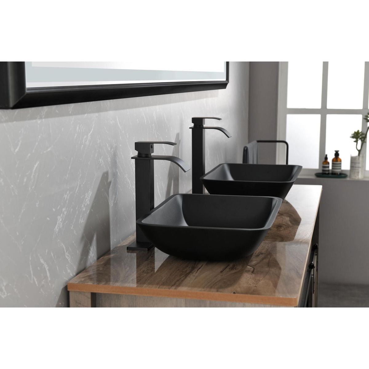 13.0" L -18.13" W -4" H Matte Shell Glass Rectangular Vessel Bathroom Sink in Black with Matte Black Faucet and Pop-Up Drain in Matte Black