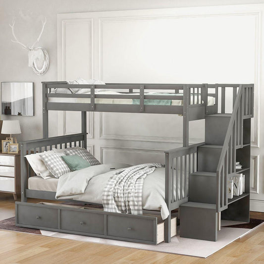 Stairway Twin-Over-Full Bunk Bed with Drawer, Storage and Guard Rail for Bedroom, Dorm, for Adults, Gray color - Streamdale Furniture